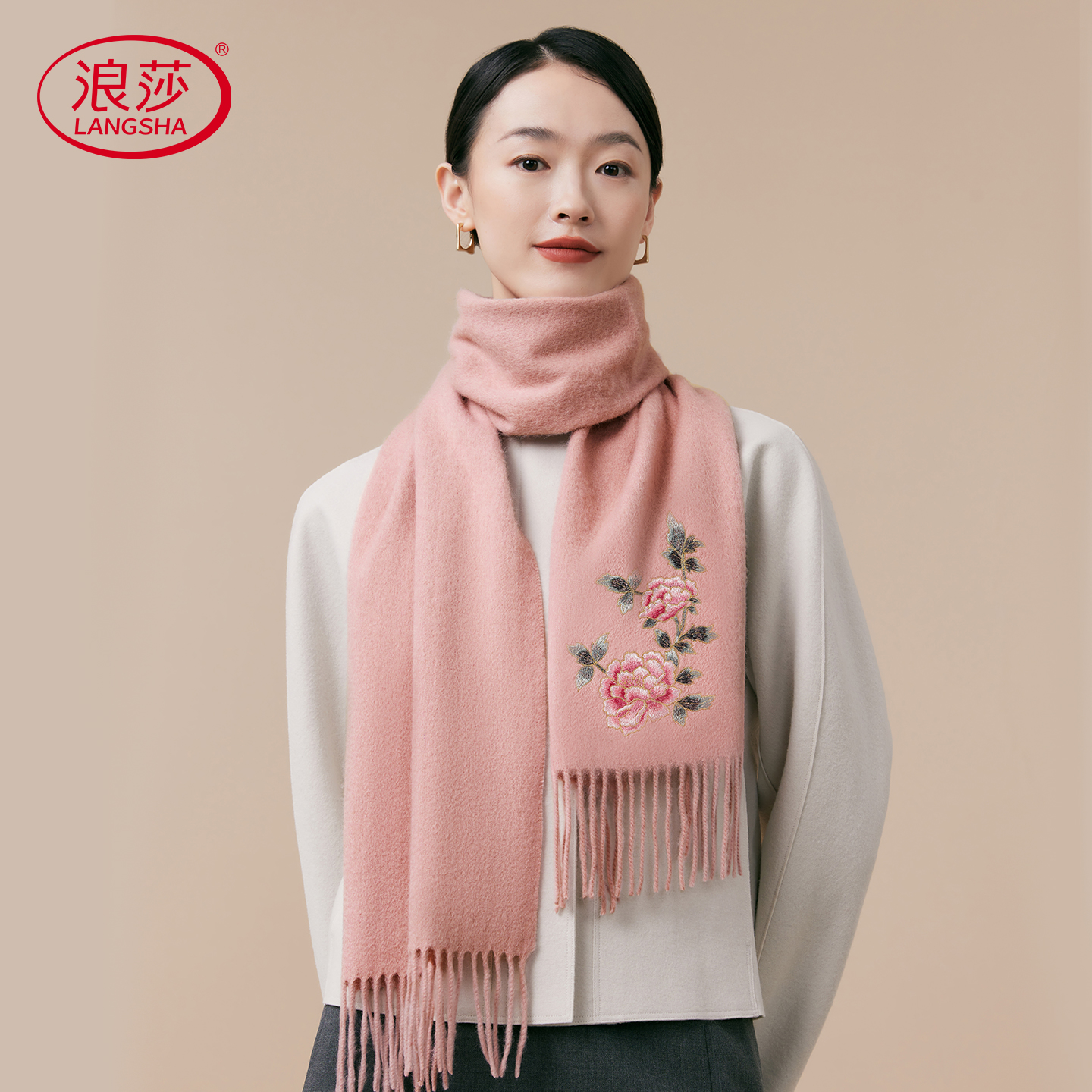 浪漫玫瑰花|薄暮粉色 2025冬天流行温柔高级感刺绣羊毛围巾女冬季