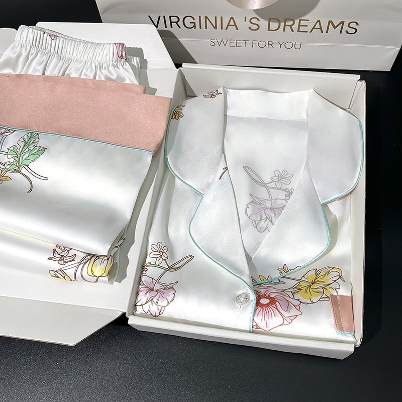 撞色拼接印花口袋长袖冰丝休闲睡衣女款2026新款中老年妈妈家居服