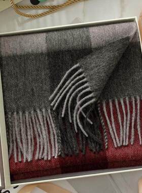 100%wool羊毛男士围巾男冬季酒红灰色格子送男友氛围感羊绒小围脖