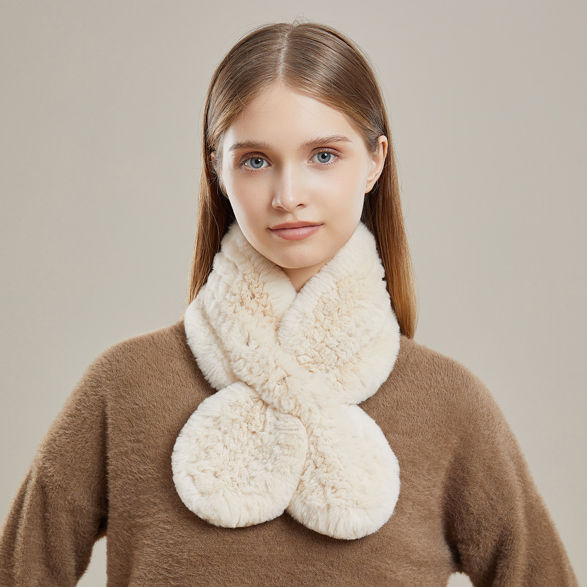 领结编织冬季獭兔毛围巾女真毛绒双面领子保暖护颈交叉皮草厚围脖