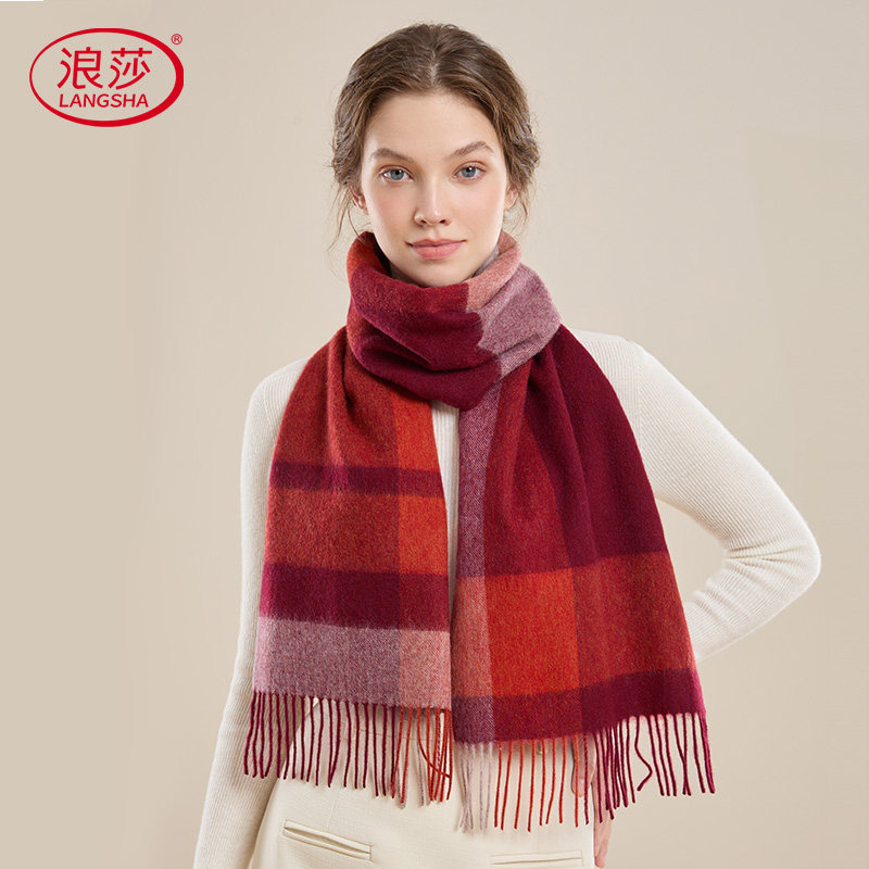 新年圣诞经典红色复古学院风格子秋冬时髦流苏100%羊毛围巾女保暖
