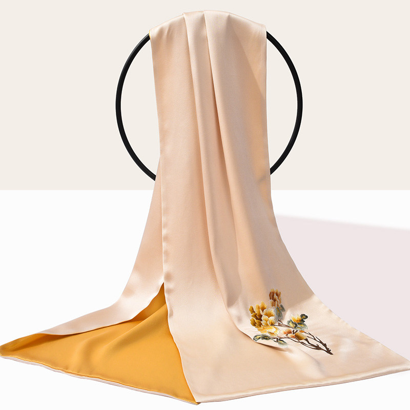 真丝丝巾女秋季高档100%桑蚕丝刺绣丝绸送妈妈生日礼物中国风围巾