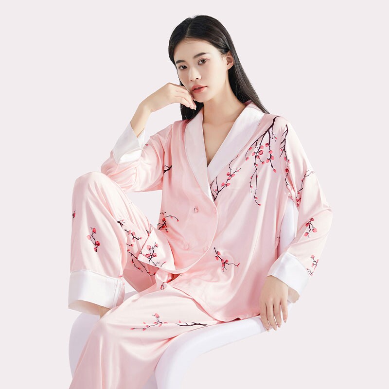 梅花青果领冰丝睡衣妈妈舒适套装