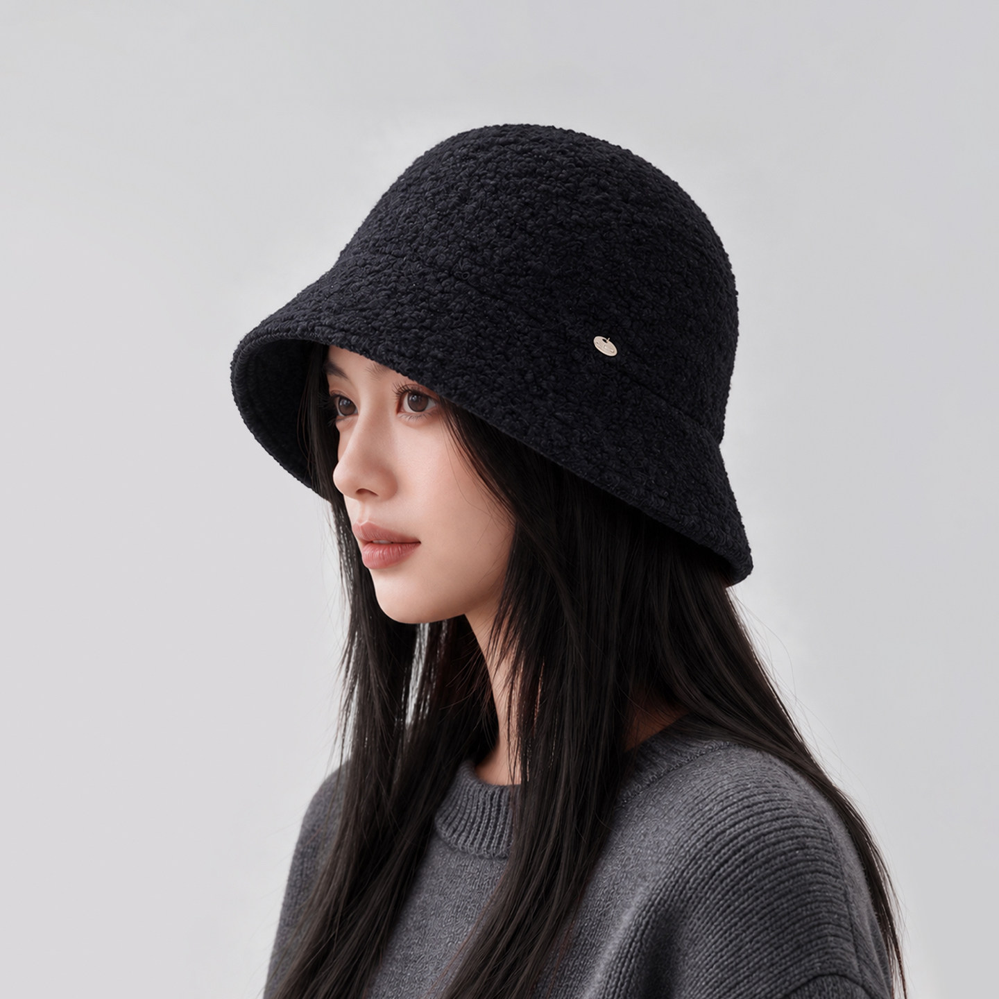 黑色羊毛混纺绒感渔夫帽女秋冬季保暖显脸小百搭盆帽简约休闲帽子