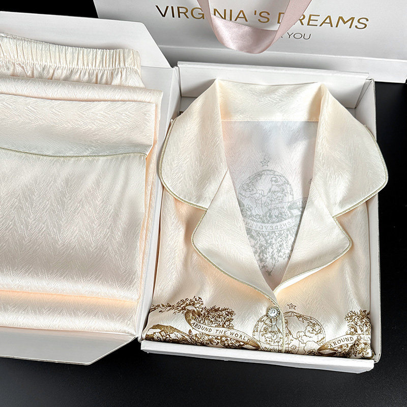 羽毛纹冰丝绸翻领对襟宽边袖口睡衣春秋女款夏长袖女士妈妈家居服