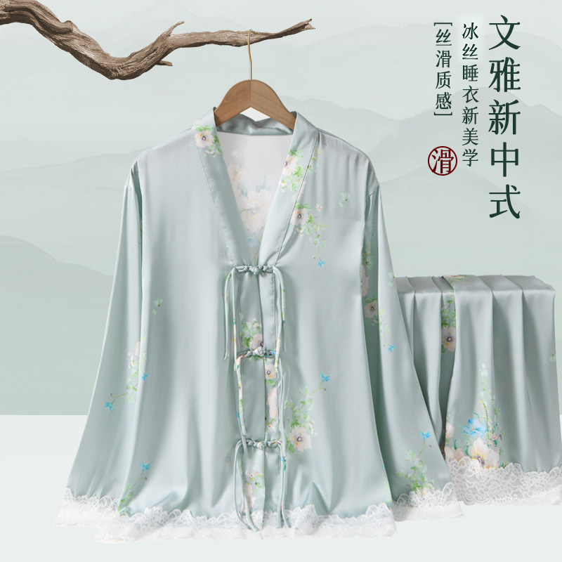 蕾丝边新中式国风冰丝睡衣女休闲