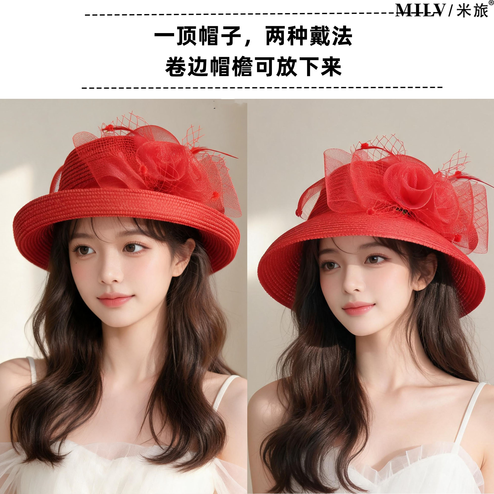 夏季优雅红防晒遮阳显脸小渔夫帽