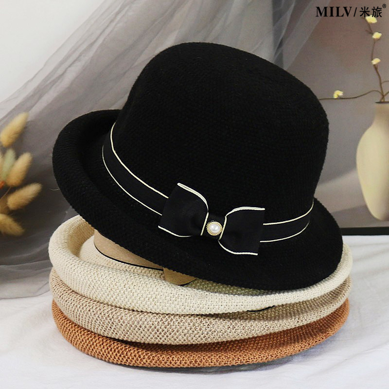 遮阳帽女春夏薄款透气防晒盆帽蝴蝶结珍珠圆顶礼帽小沿卷边渔夫帽