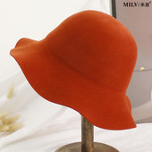 纯羊毛呢盆帽波浪沿女秋冬渔夫帽显脸小荷叶边南瓜色帽子日系百搭