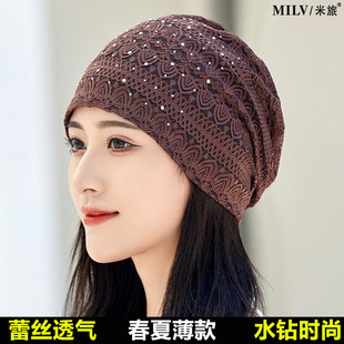 帽子女春夏薄款透气花朵蕾丝钻时尚头巾帽遮白发包头帽休闲堆堆帽