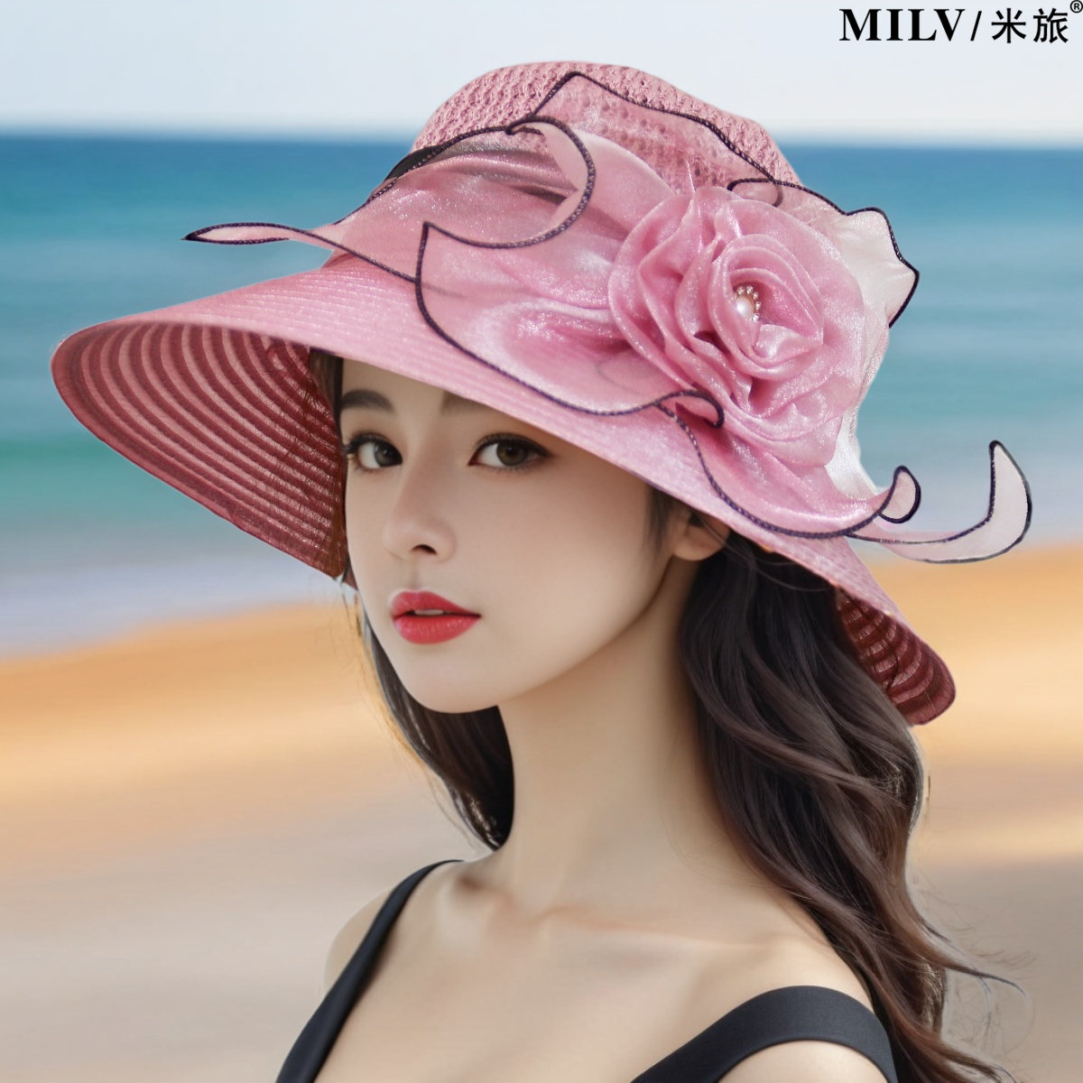帽子女夏欧根纱花朵遮阳帽可折叠