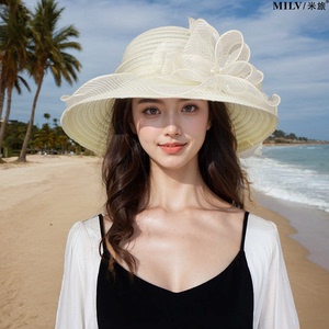遮阳帽大沿欧根纱花朵沙滩帽夏