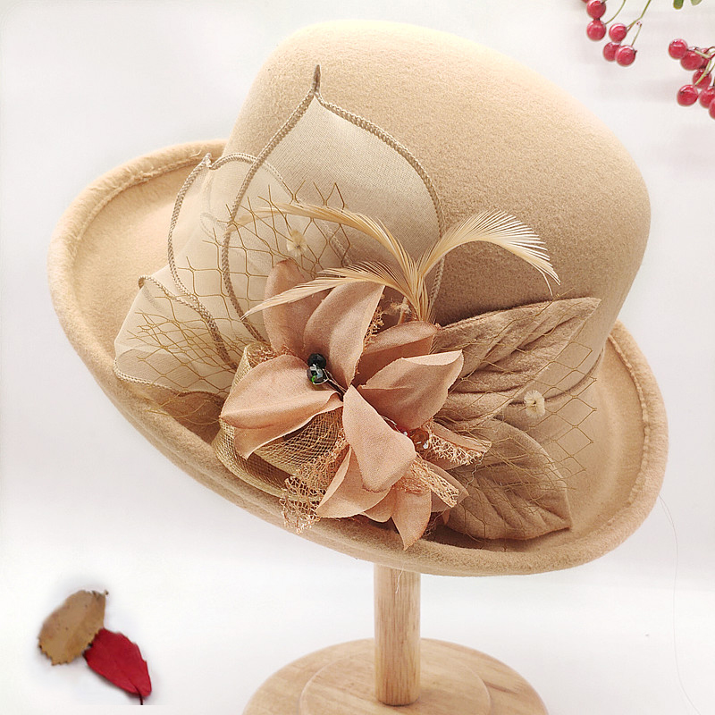 帽子女秋冬卷边羊毛呢盆帽韩版时尚优雅休闲花朵礼帽英伦时装帽潮