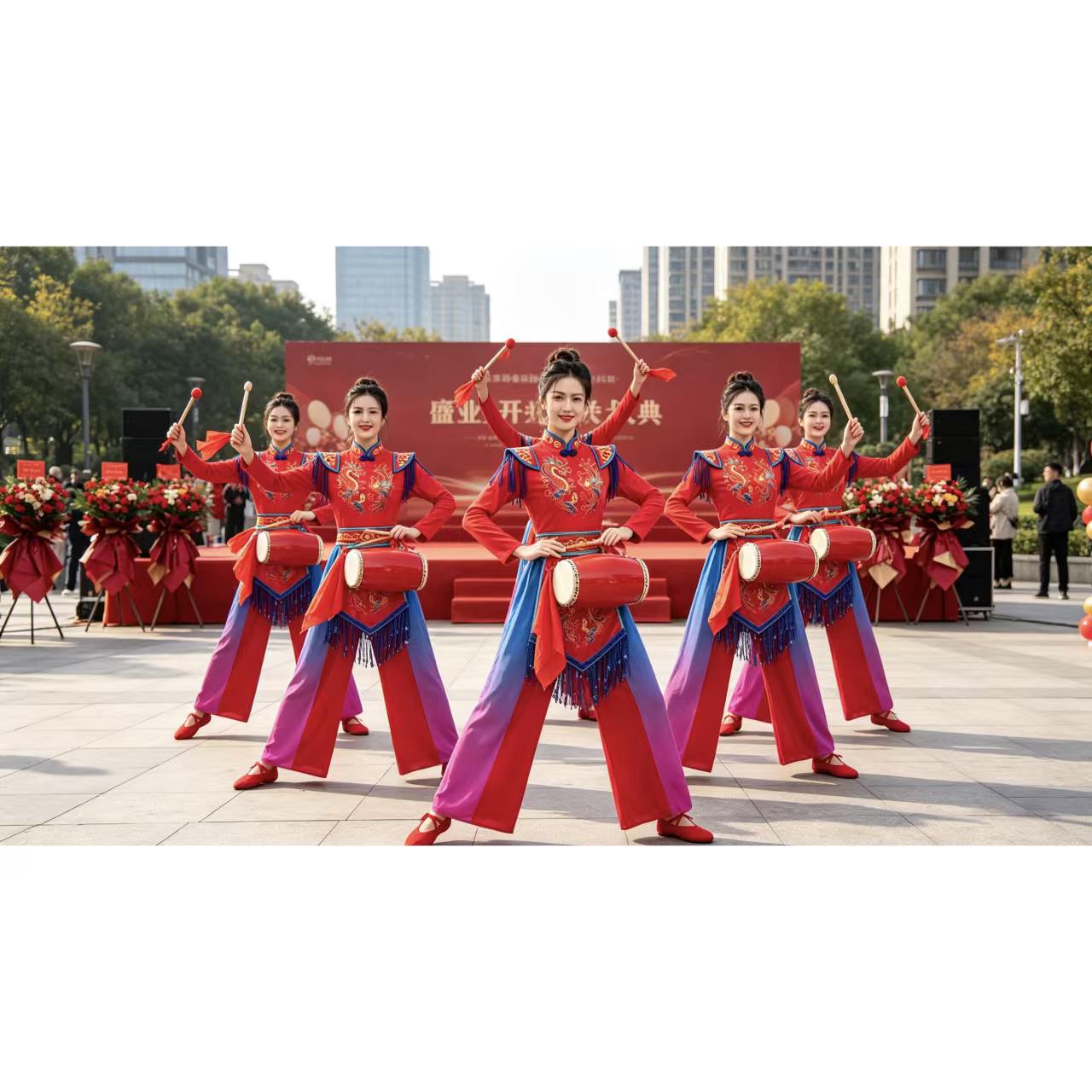 国潮风打鼓服红色喜庆演出服套装广场舞秧歌服舞台服中国舞蹈服女