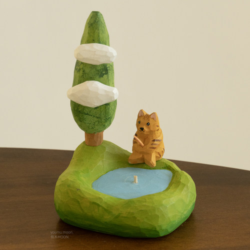 会钓鱼的猫 湖畔木雕纯手工治愈景观桌面摸鱼摆件礼物礼品高级感