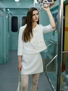 白色上衣套装 千金短外套翻领七分袖 法式 莫佐MOJO夏新品