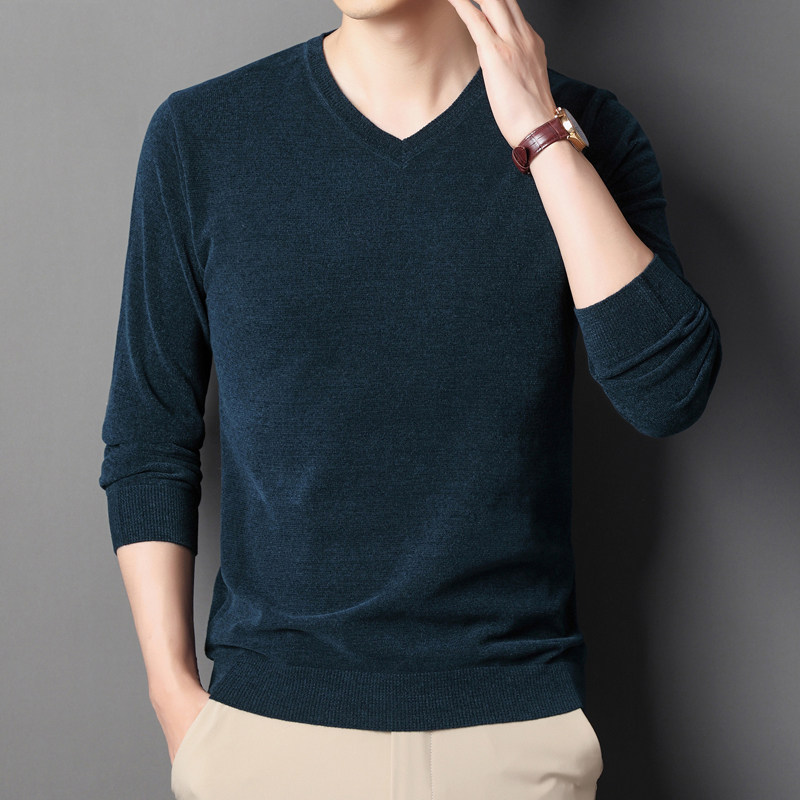 秋冬季男士卫衣polo衫V领长袖针织衫鸡心领上衣雪尼尔男装打底衫