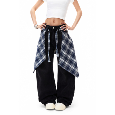 COLDSTONE 格子可拆卸屁帘设计感阔腿牛仔裤女宽松慵懒风弯刀裤