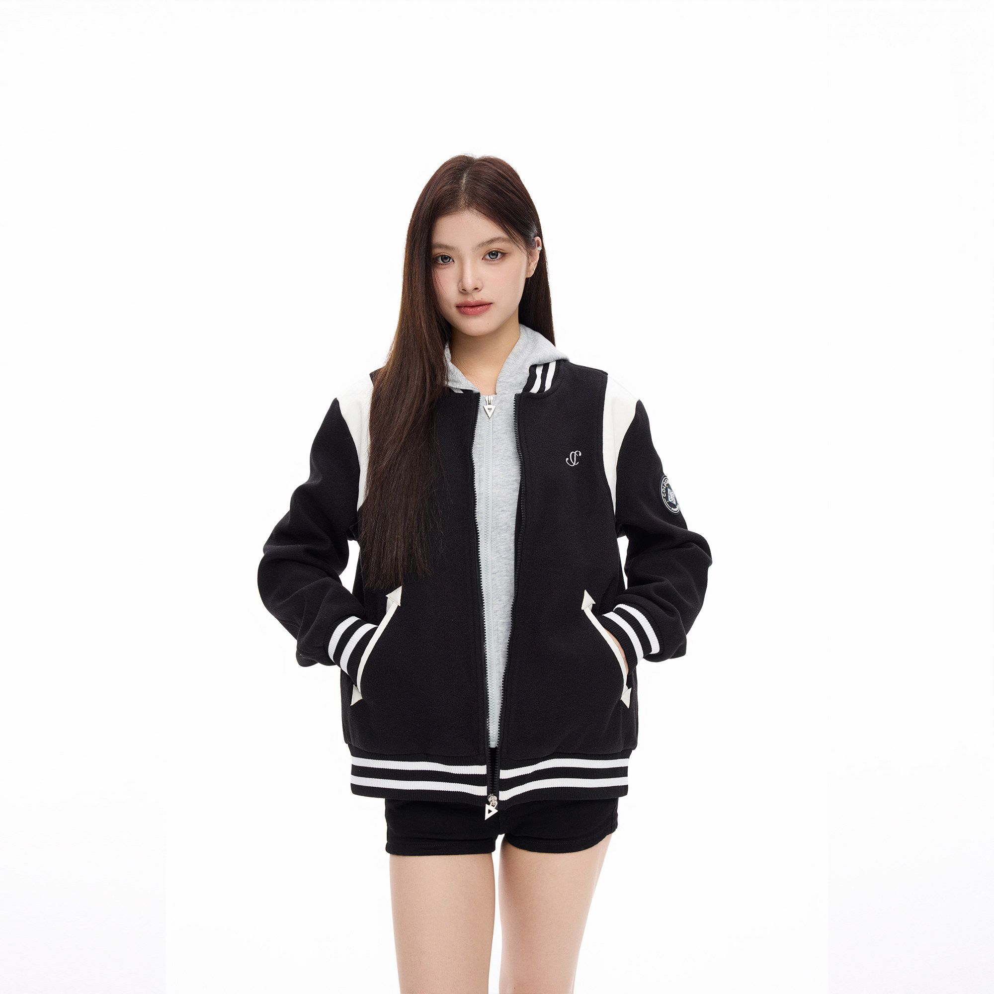 COLDSTONE 美式学院风假两件黑白拼色棒球服宽松连帽夹克男女秋冬