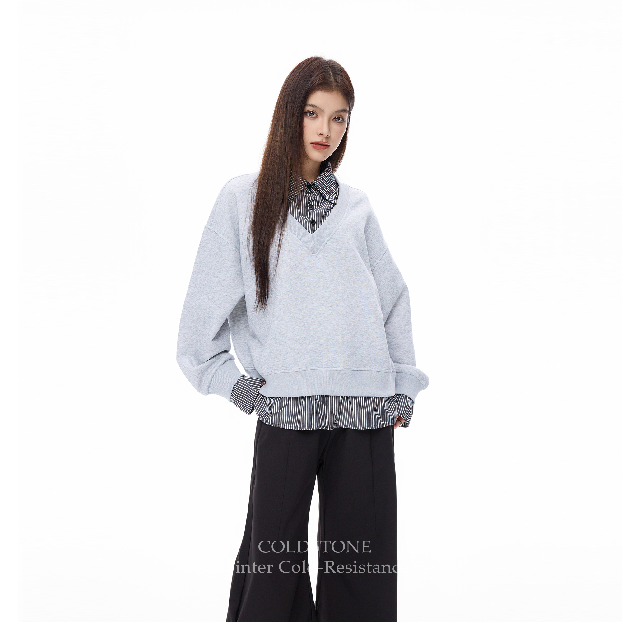 COLDSTONE  学院风假两件条纹拼接翻领卫衣男女宽松百搭长袖上衣