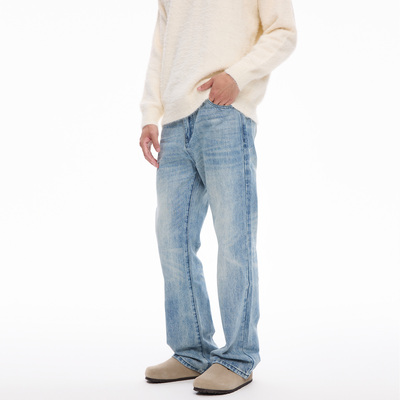 COLDSTONE 百搭猫须休闲垂感拉链土耳其蓝石磨洗水直筒牛仔裤