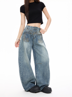 COLDSTONE 美式设计感个性刺绣弯刀牛仔裤复古做旧反转口袋长裤