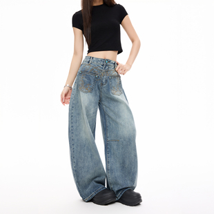 COLDSTONE 美式设计感个性刺绣弯刀牛仔裤复古做旧反转口袋长裤