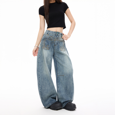 COLDSTONE 美式设计感个性刺绣弯刀牛仔裤复古做旧反转口袋长裤