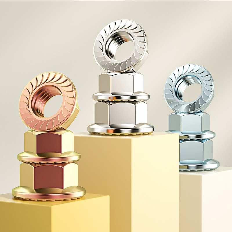 镀彩锌六角法兰螺母带垫花齿铁防滑螺帽防松锁紧螺帽M6M8M10-m20