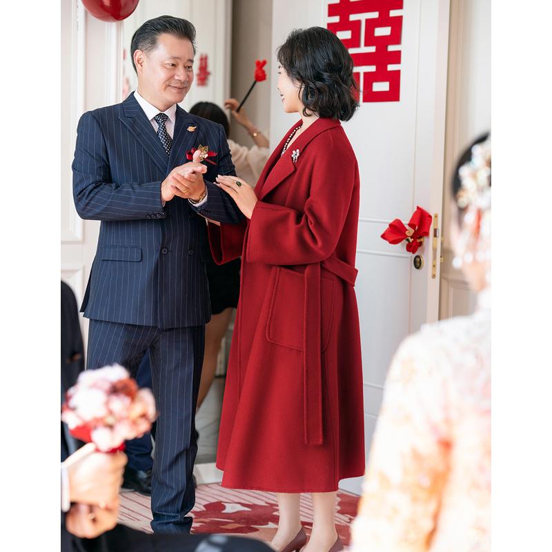 2024新款高级感羊毛大衣喜妈妈红色呢子日常可穿外套女冬季中长款