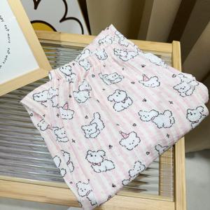 夏季A类棉纱裤可爱卡通小狗条纹睡裤女休闲遛弯裤宽松透气家居裤