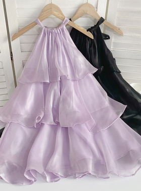 法式挂脖系带珠光欧根纱无袖荷叶边层层蛋糕A字娃娃仙女连衣裙