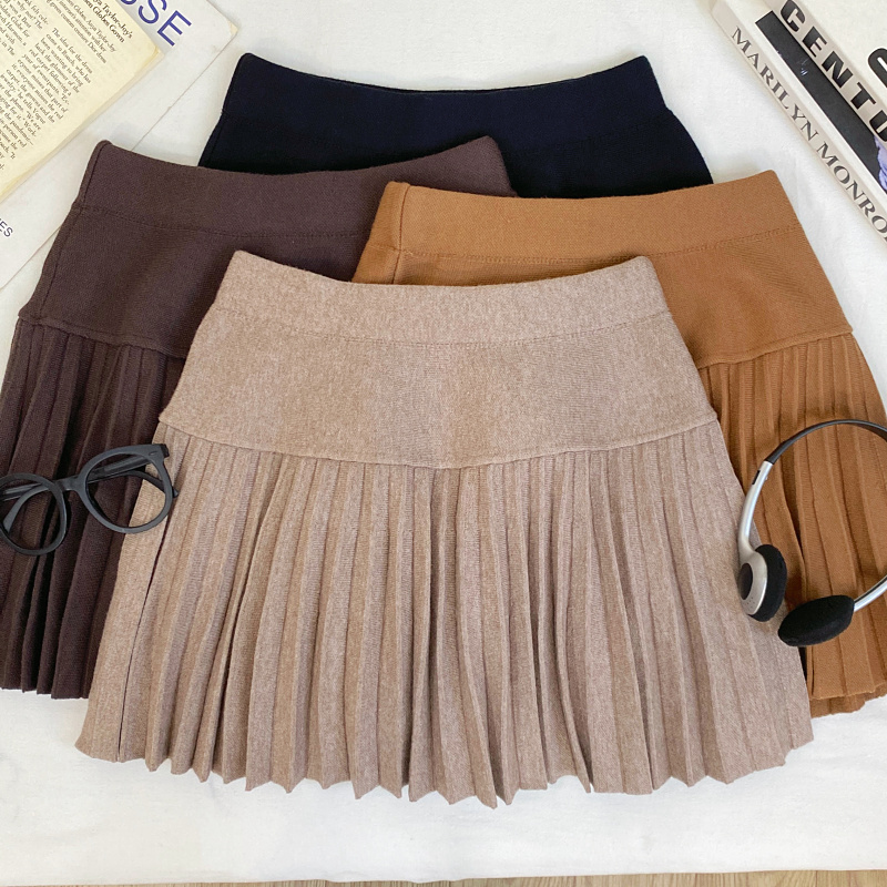 学院风高腰针织百褶半身裙短裙女