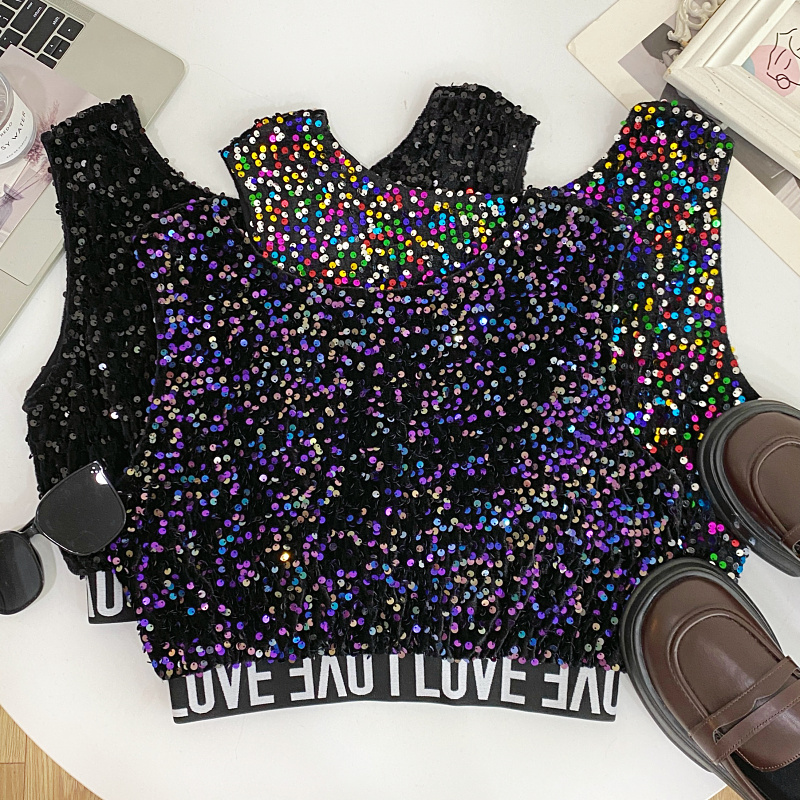 圆领露背闪闪亮片无袖背心女
