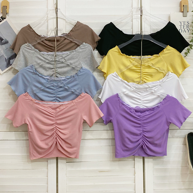 性感木耳边一字领短袖T恤上衣女