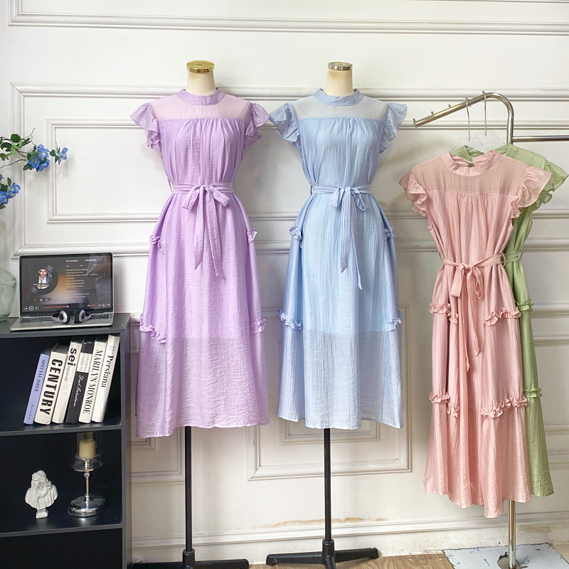 法式温柔风甜美圆领飞飞袖绑带收腰显瘦荷叶边中长款连衣裙女春夏