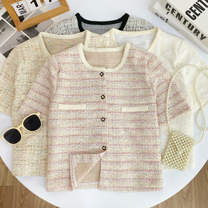 设计感小香风圆领短袖粗花呢衬衫