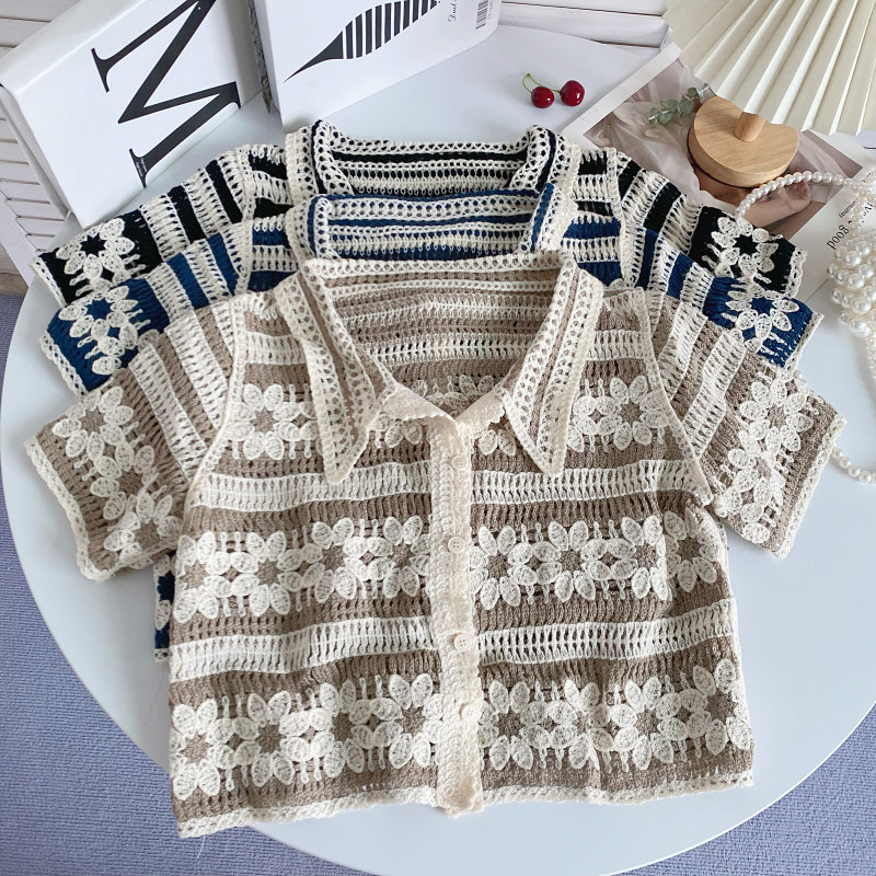 法式洋气减龄短袖翻领针织镂空钩花单排扣短款显瘦衬衫上衣女夏季,女装/女士精品,衬衫,淘宝优惠券,粉丝福利购,淘宝优惠卷