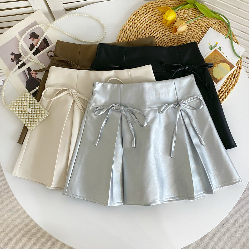 设计感百搭系带蝴蝶结高腰显瘦PU皮百褶防走光半身裙a字短裙女秋,女装/女士精品,半身裙,淘宝优惠券,粉丝福利购,淘宝优惠卷