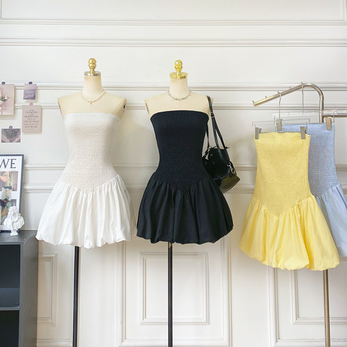 抹胸露背无袖花苞连衣裙短裙女