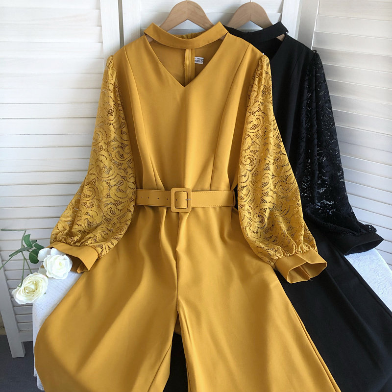 时尚气质早秋挂脖镂空蕾丝袖拼接高腰显瘦系带阔腿连体裤长裤女,女装/女士精品,休闲裤,淘宝优惠券,粉丝福利购,淘宝优惠卷