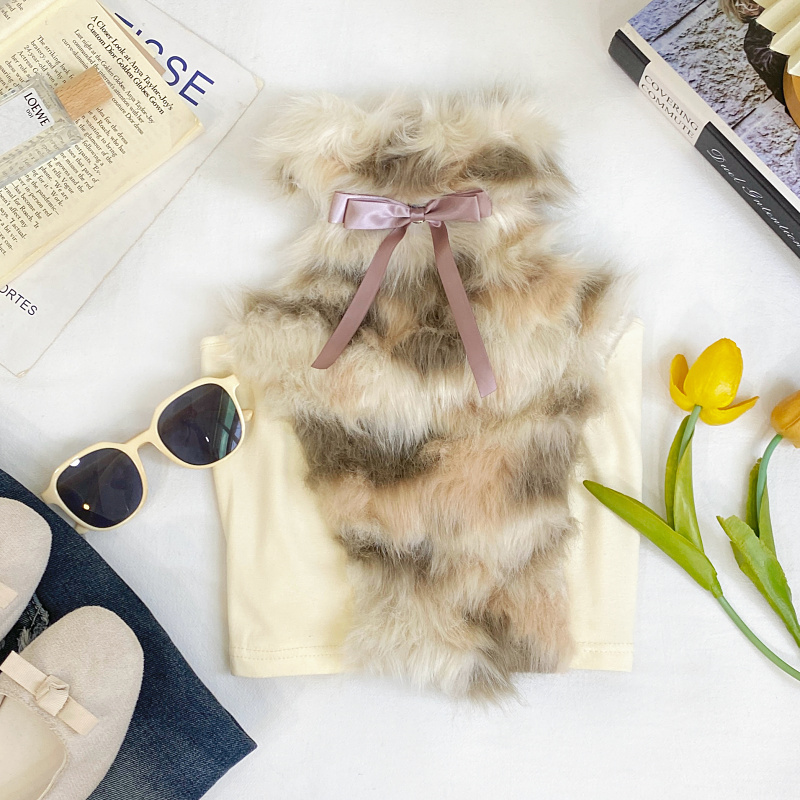 挂脖毛毛拼接露背短款背心上衣女