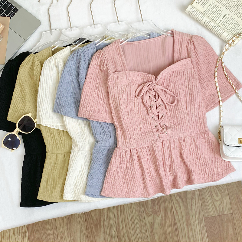 2025夏季韩版新款学院风百搭方领交叉绑带短袖荷叶边衬衫上衣女
