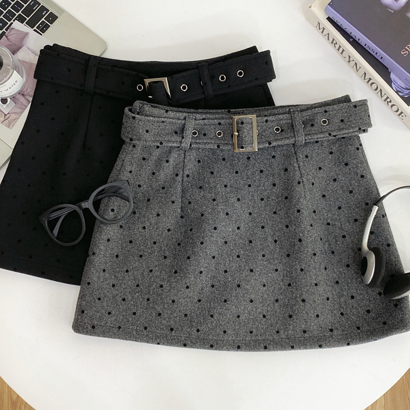 配皮带高腰毛呢波点半身裙短裙女