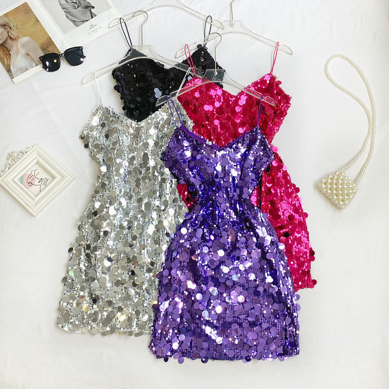 欧美风A字闪闪亮片无袖吊带裙