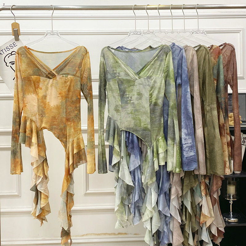 纯欲风V领扎染网纱不规则飘带衬衫女2025夏季新款百搭喇叭袖上衣,女装/女士精品,衬衫,淘宝优惠券,粉丝福利购,淘宝优惠卷