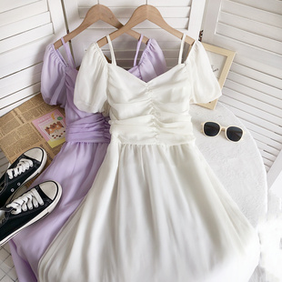 夏季 温柔风气质V领吊带褶皱收腰泡泡短袖 中长款 连衣裙女 新款