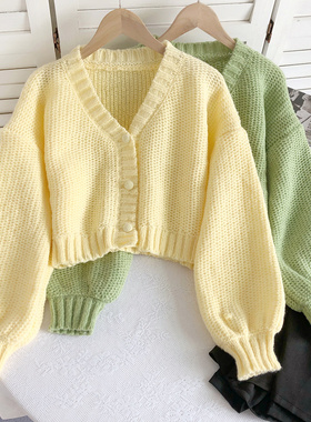 甜美温柔慵懒风V领长袖排扣针织秋冬开衫小外套纯色短款毛衣女