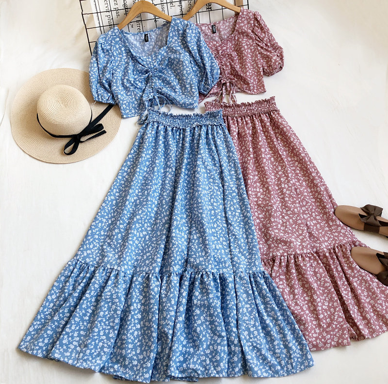 夏季新款度假风碎花抽绳短袖衬衫+松紧腰大摆中长款半身裙套装,女装/女士精品,时尚套装,淘宝优惠券,粉丝福利购,淘宝优惠卷