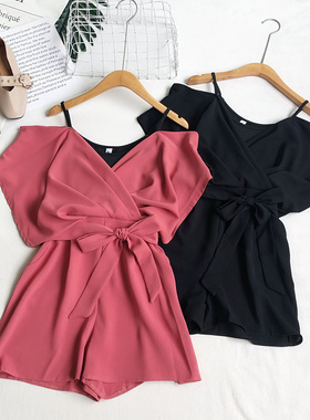 2020夏季新款时尚休闲假两件吊带拼接短袖宽松绑带收腰阔腿连体裤